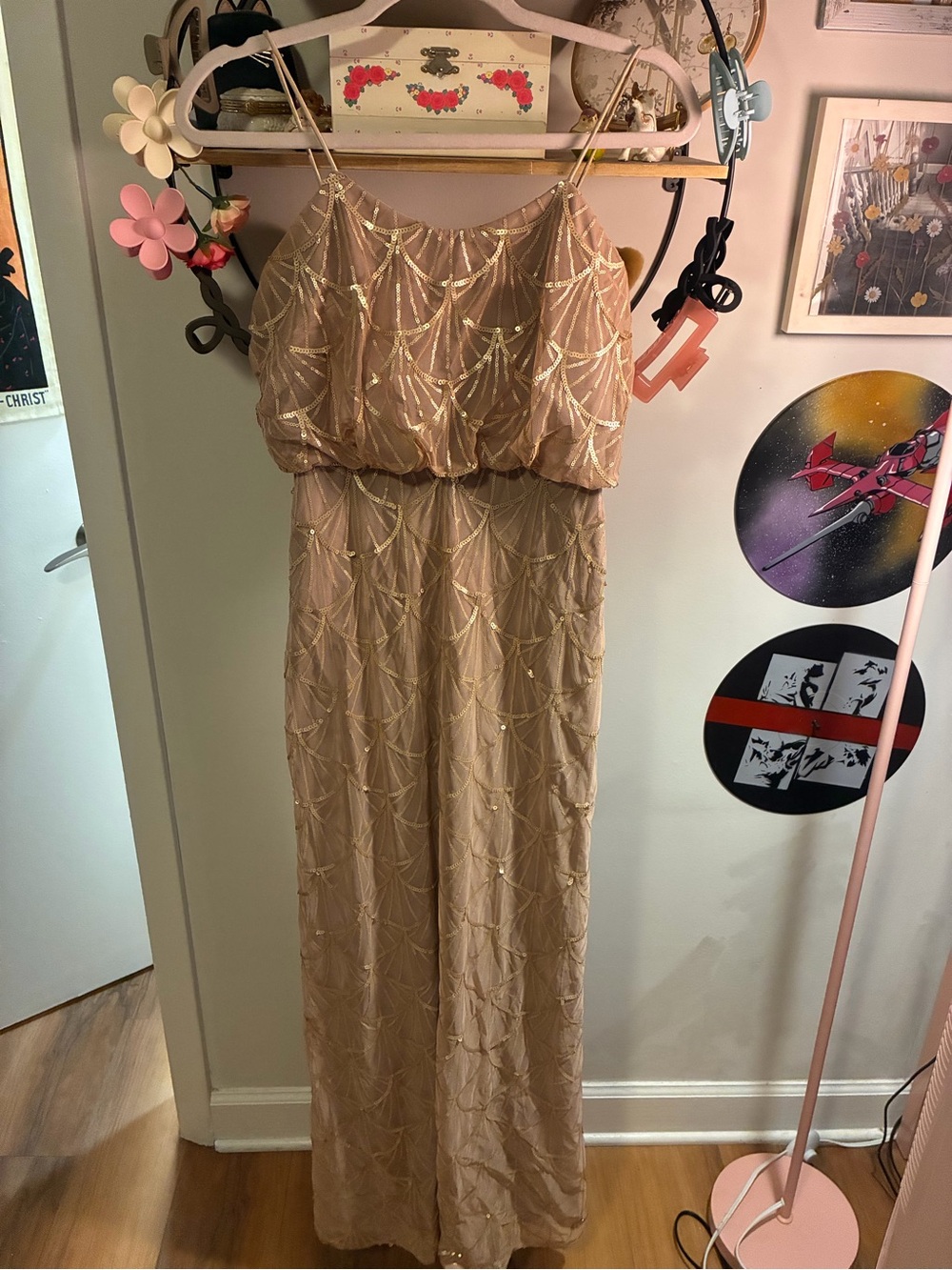 Art Deco Dusty Pink and Gold Sequins Spaghetti-Strap Dress